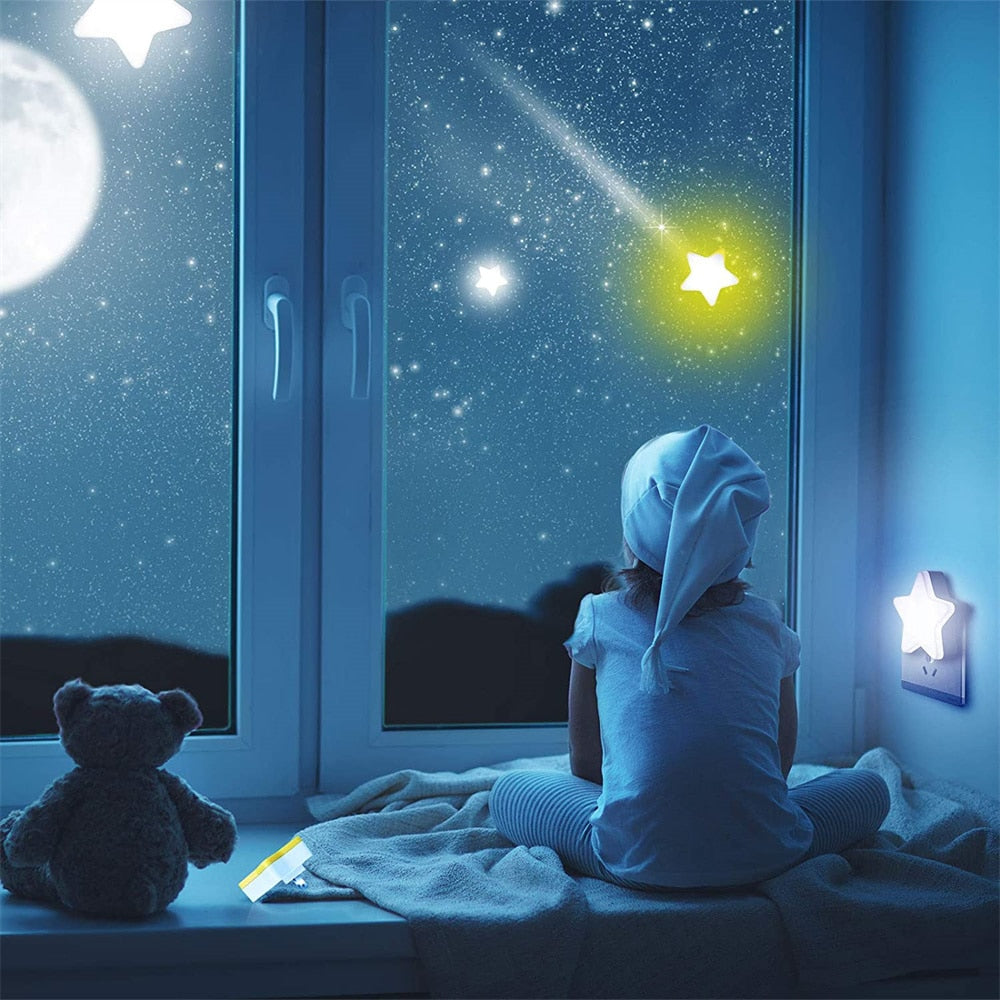 Cute Star LED Night Light Plug-in Intelligent Light Control Energy Saving Bedside Lamp For Children Bedroom Hallway Stairs Decor